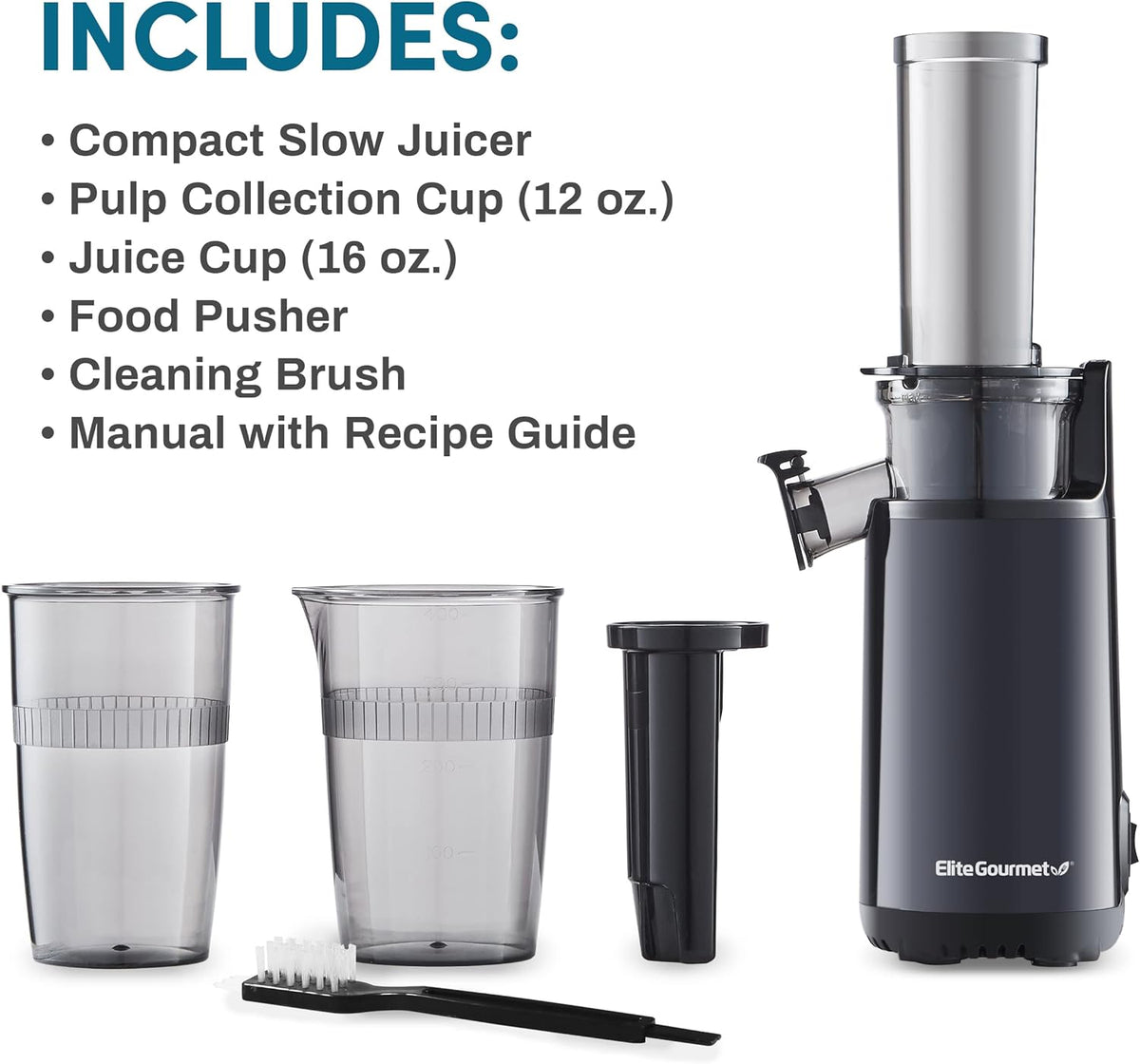 Elite Gourmet EJX600 Compact Small Space-Saving Masticating Slow Juicer, Cold Press Juice Extractor, Nutrient and Vitamin Dense, Easy to Clean, 16 oz Juice Cup, Charcoal Grey - PuriLite