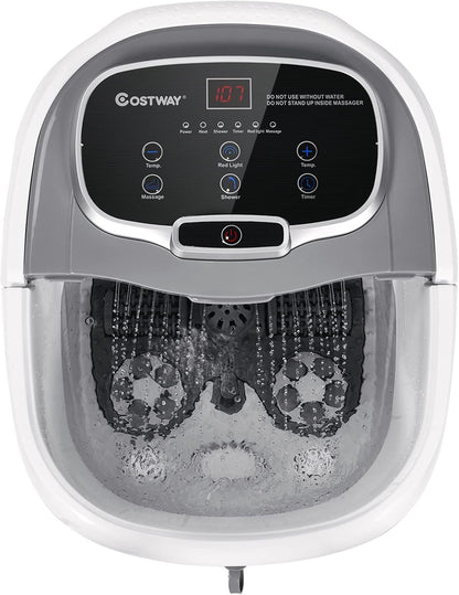 COSTWAY Foot Spa/Bath Massager, with Motorized Rollers, Shiatsu Massage, Shower, Heat, Red Light, Temperature Control, Timer, LED Display, Drainage Pipe for Foot Stress Relief (Grey) - PuriLite