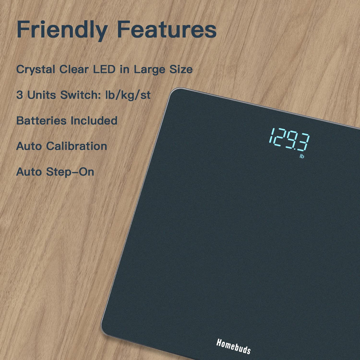 Homebuds Digital Bathroom Scale for Body Weight, Weighing Professional Since 2001, Crystal Clear LED and Step-on, Batteries Included, 400lb/180kg, Blue - PuriLite