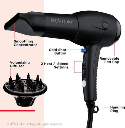 Revlon RV544FBLK Advanced Ionic Technology™ Hair Dryer with Diffuser, Powerful, Ionic Hair Dryer with Concentrator, Quick Dry, Lightweight, 2 Heat/ Speed Settings, Less Frizz, Shiny and Smooth Hair, Black - PuriLite