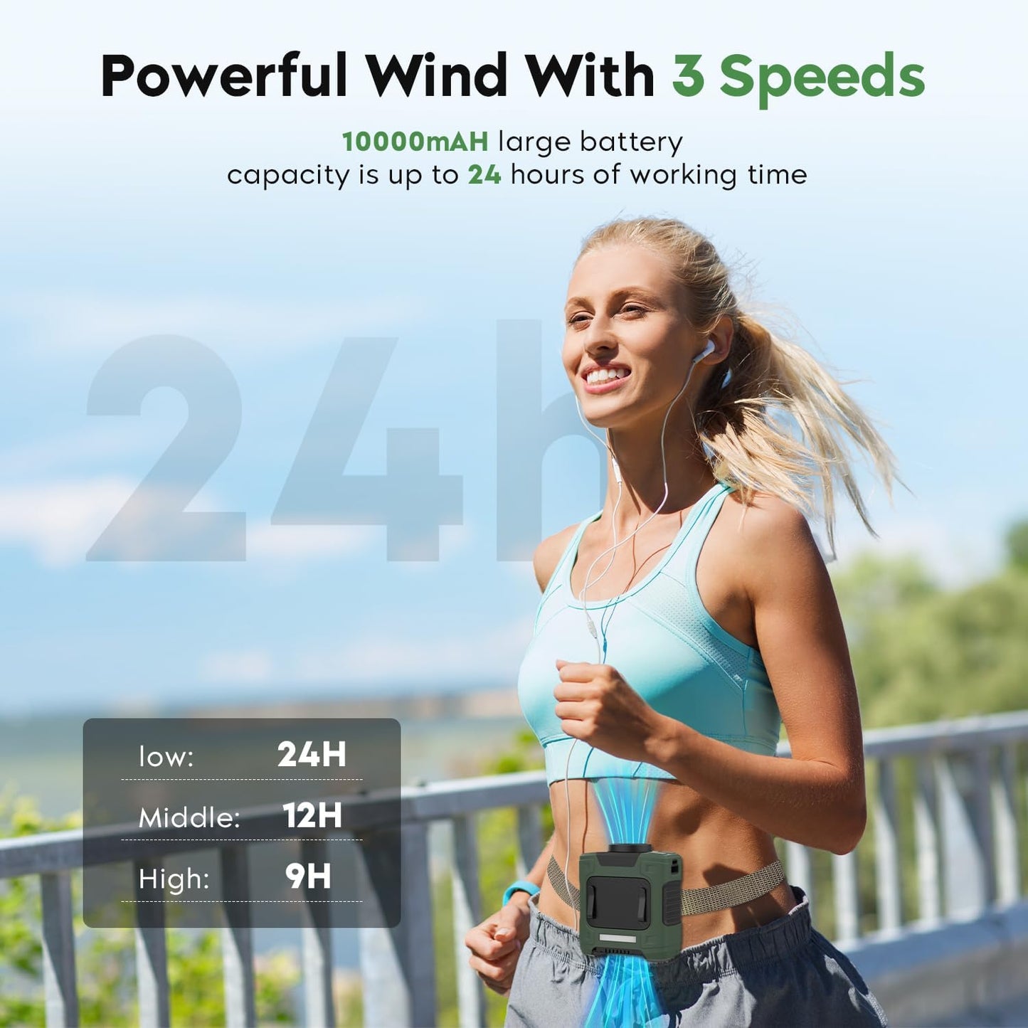 2024 Upgrade Portable Fan 10000mAh Rechargeable Portable Waist Clip Fan 15500RPM Neck Fan With Max 12H Working Time, 3-speed adjustment with LED flashlight Portable Fan for Outdoor Jobsite and etc - PuriLite