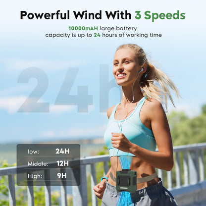 2024 Upgrade Portable Fan 10000mAh Rechargeable Portable Waist Clip Fan 15500RPM Neck Fan With Max 12H Working Time, 3-speed adjustment with LED flashlight Portable Fan for Outdoor Jobsite and etc - PuriLite