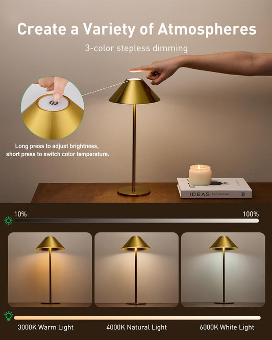 Bojim Gold Cordless Table Lamp, Rechargeable Touch Lamp with 3 Color Dimming, Wireless Battery Operated Lamp for Bedroom/Living Room - PuriLite