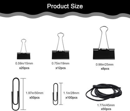 Paper Clips Binder Clips, 240pcs Black Office Clips Set - Assorted Sizes Paperclips Paper Clamps Rubber Bands for Office and School Supplies - PuriLite