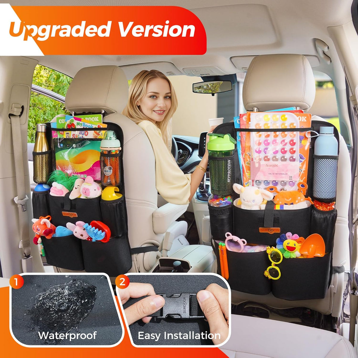 SURDOCA Backseat Car Organizer,4th Gen Back Seat Protector with 11 Inch Tablet Holder, 8 Pockets,Car Storage Accessories Back Seat Organizer for Kids - PuriLite