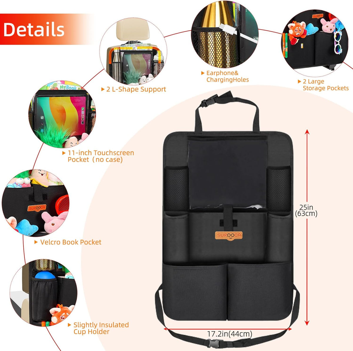 SURDOCA Backseat Car Organizer,4th Gen Back Seat Protector with 11 Inch Tablet Holder, 8 Pockets,Car Storage Accessories Back Seat Organizer for Kids - PuriLite