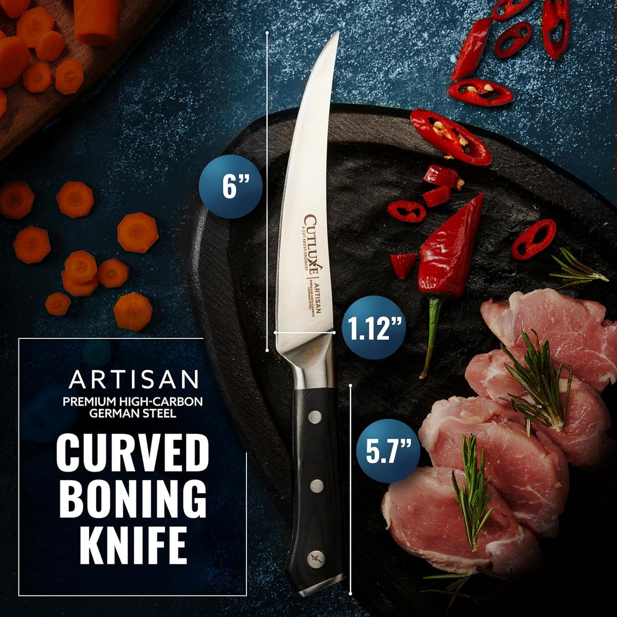 Cutluxe Curved Boning Knife – 6" Boning Knife for Meat Cutting, Fillet Knife – High Carbon German Steel, Full Tang & Ergonomic Handle Design – Artisan Series - PuriLite