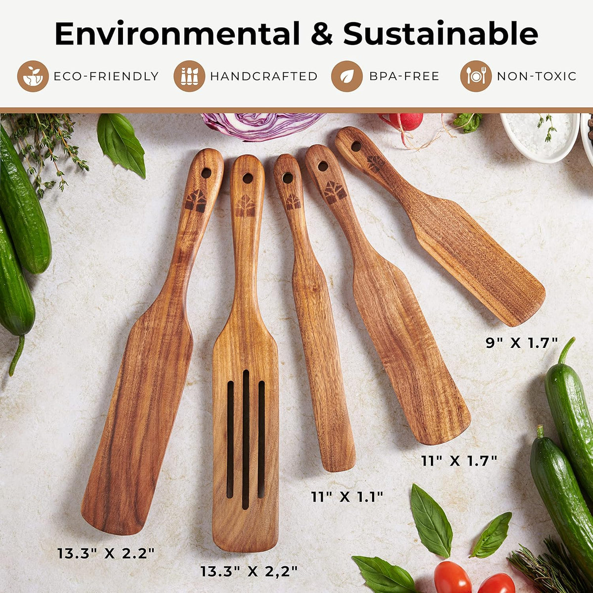 Wooden Spurtle Set, Teak Spurtles Kitchen Tools, Wooden Spatula for Cooking, Wood Utensils Set of 5, Non Stick Cookware for Serving, Stirring, Mixing, Scraping, Scooping, Healthy and Heat Resistant - PuriLite