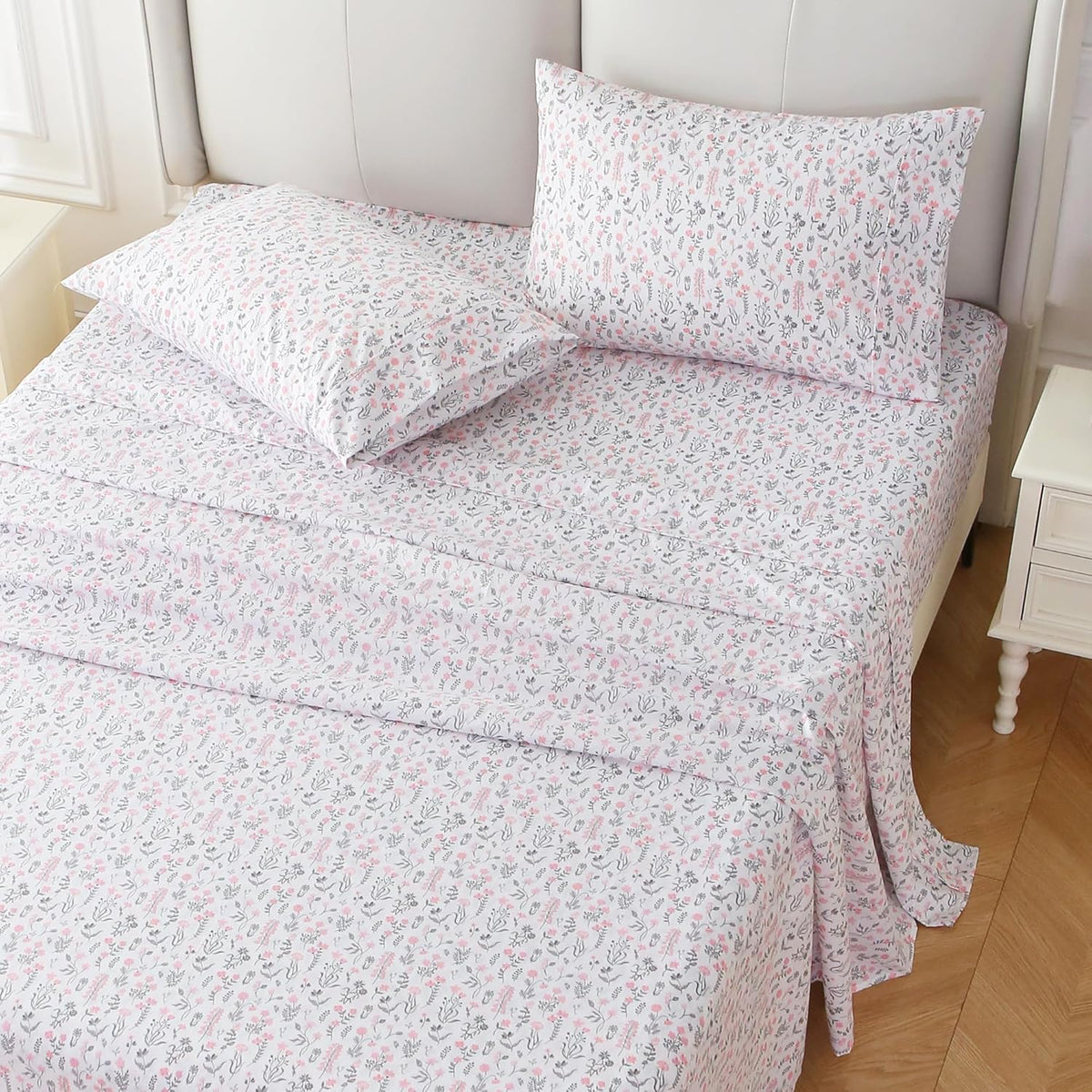 Viviland Floral Queen Sheet Set - 4 Piece Vintage Pink & Yellow Flower Patterned Bed Sheets - Soft, Breathable Microfiber Sheets with Deep Pocket, Non-Slip Fitted Sheets & Pillowcases - PuriLite