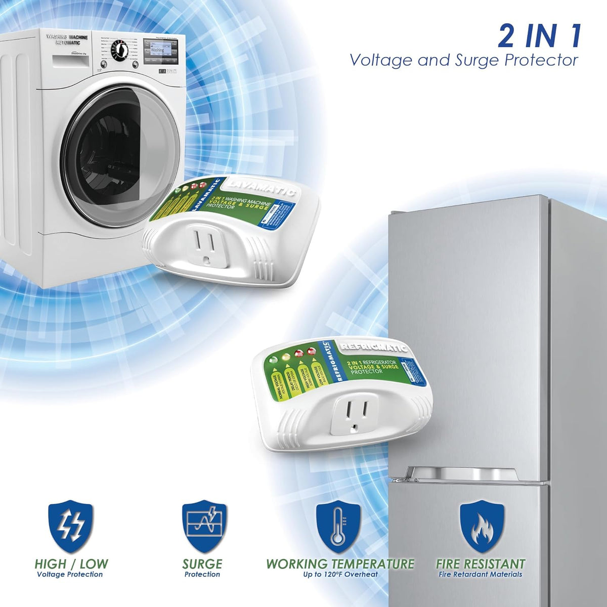 Refrigmatic Two Electronic Voltage & Surge Protector Combo - Protect Refrigerator & Washing Machine Against High & Low Voltage, Brownouts & Spikes - PuriLite