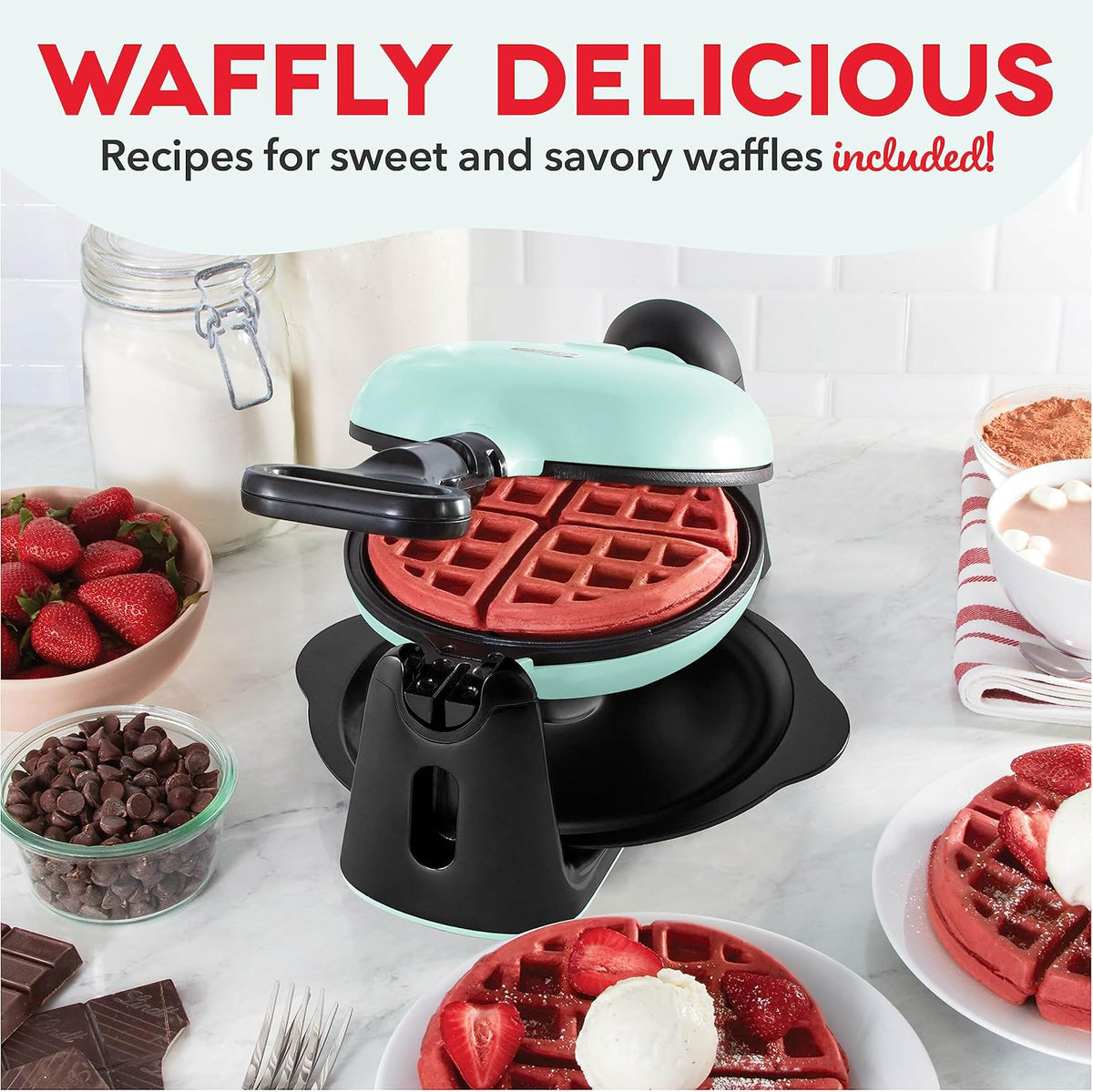 DASH Flip Belgian Waffle Maker – 1” Thick Waffle Mold, Nonstick Waffle Iron with Quick Heat-Up, Surface - Rotating Belgian Waffle Maker for Kids and Families, Just Add Batter (Aqua) - PuriLite