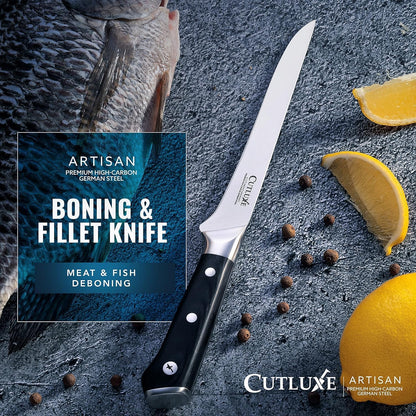 Cutluxe Curved Boning Knife – 6" Boning Knife for Meat Cutting, Fillet Knife – High Carbon German Steel, Full Tang & Ergonomic Handle Design – Artisan Series - PuriLite