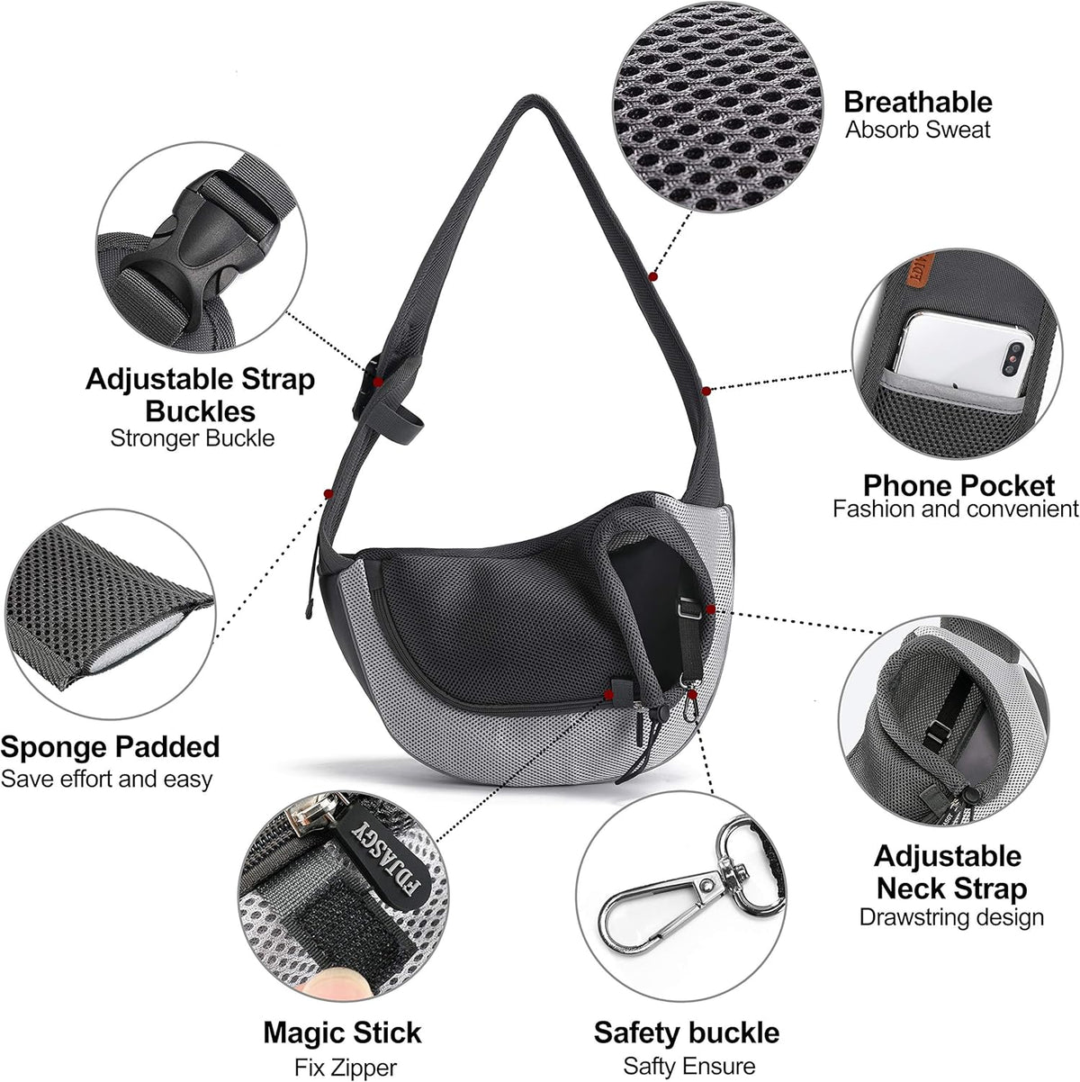 FDJASGY Pet Sling Carrier for Small Dogs Cats,Breathable Mesh Travelling Hand Free Puppy Backpack with Pouch and Adjustable Strap Carrier Grey - PuriLite