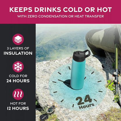 FineDine Water Bottle - Stainless Steel Insulated Water Bottle with Straw Lid, Flip Lid & Wide-Mouth Cap - Keeps Hot and Cold - 25 Oz / 739ml - Pure Pearly White - PuriLite