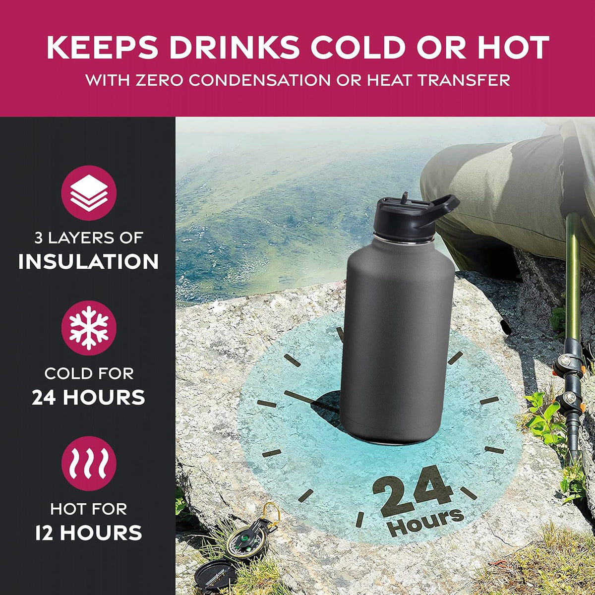 FineDine Water Bottle - Stainless Steel Insulated Water Bottle with Straw Lid, Flip Lid & Wide-Mouth Cap - Keeps Hot and Cold - 25 Oz / 739ml - Pure Pearly White - PuriLite