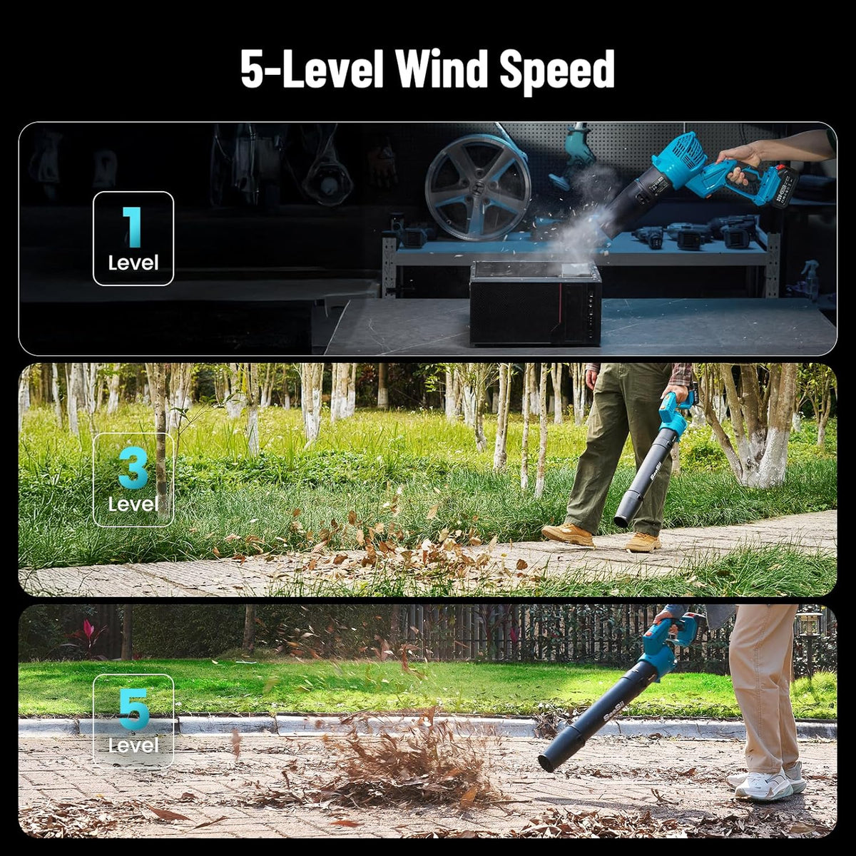 SeeSii Leaf Blower Cordless with 2 * 4.0Ah Batteries and Charger,5 Speed Mode Electric Rotatable Outdoor Blower for Lawn Care and Leaves Cleaning,Powerful and Lightweight for Yard, Patio,Garden,Grass - PuriLite