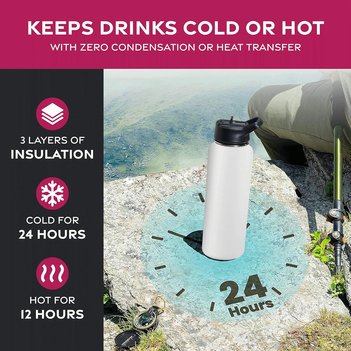 FineDine Water Bottle - Stainless Steel Insulated Water Bottle with Straw Lid, Flip Lid & Wide-Mouth Cap - Keeps Hot and Cold - 25 Oz / 739ml - Pure Pearly White - PuriLite