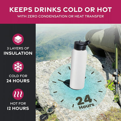 FineDine Water Bottle - Stainless Steel Insulated Water Bottle with Straw Lid, Flip Lid & Wide-Mouth Cap - Keeps Hot and Cold - 25 Oz / 739ml - Pure Pearly White - PuriLite