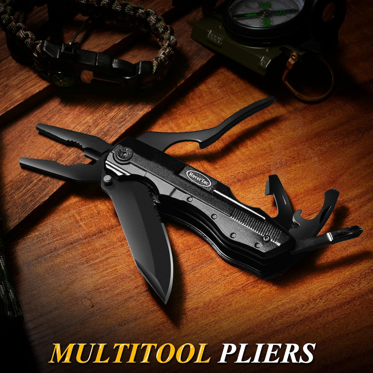 RoverTac Pocket Knife Tactical Folding Knife Multi Tool Survival Camping Knife, Multitool Knife Pliers Bottle & Can Opener 9-Pack Screwdrivers Liner Lock Nylon Sheath, Pocket Knife for Camping Hiking - PuriLite