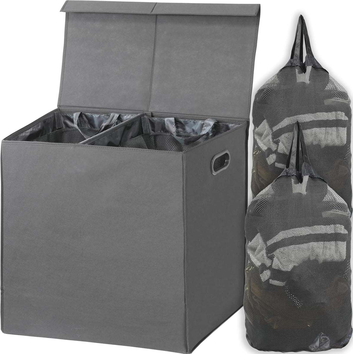 SimpleHouseware Double Laundry Hamper with Lid and Removable Laundry Bags, Beige - PuriLite