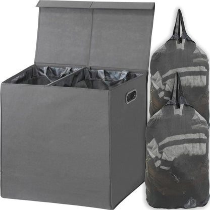 SimpleHouseware Double Laundry Hamper with Lid and Removable Laundry Bags, Beige - PuriLite