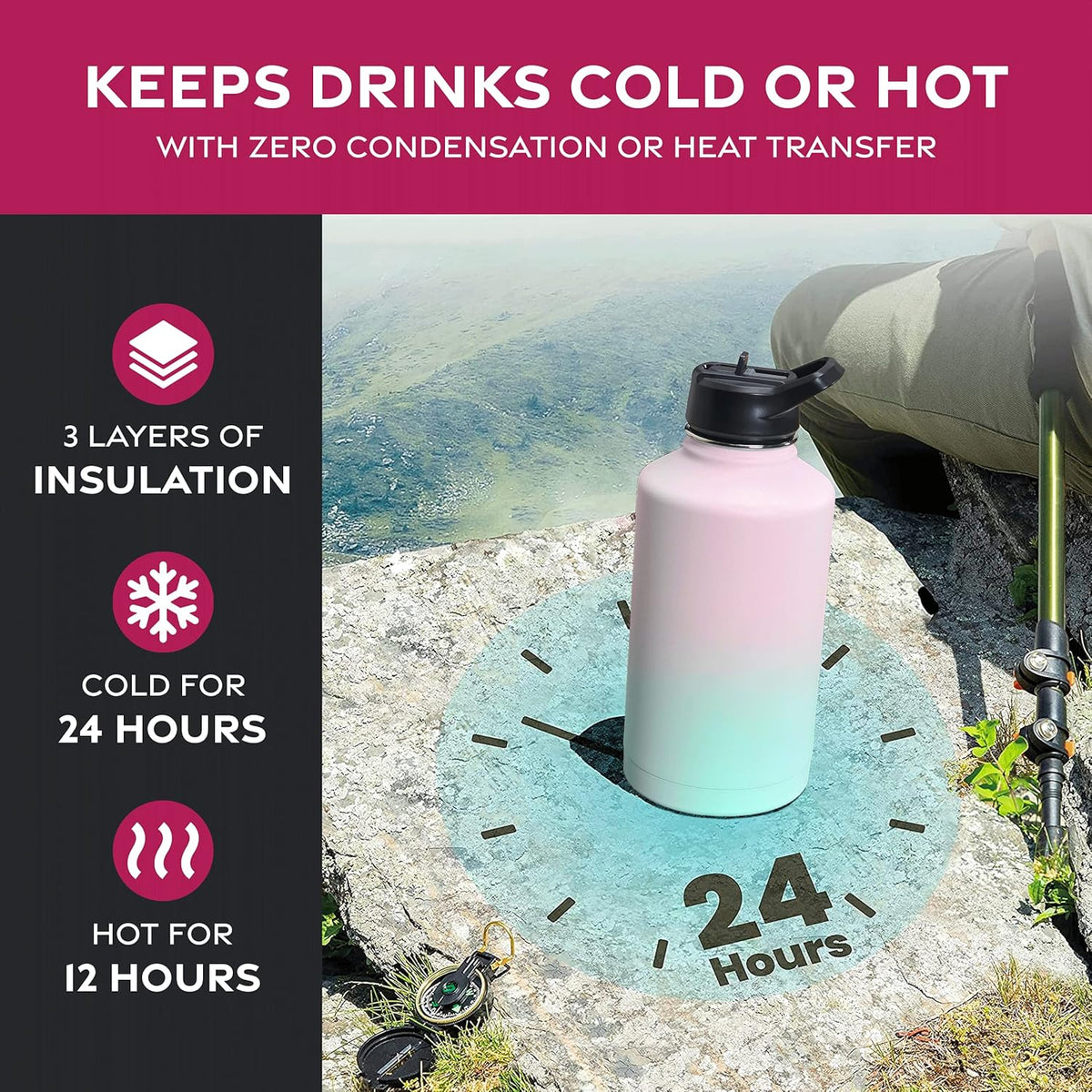 FineDine Water Bottle - Stainless Steel Insulated Water Bottle with Straw Lid, Flip Lid & Wide-Mouth Cap - Keeps Hot and Cold - 25 Oz / 739ml - Pure Pearly White - PuriLite