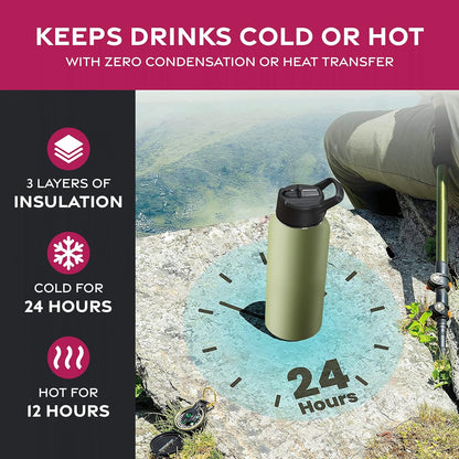 FineDine Water Bottle - Stainless Steel Insulated Water Bottle with Straw Lid, Flip Lid & Wide-Mouth Cap - Keeps Hot and Cold - 25 Oz / 739ml - Pure Pearly White - PuriLite