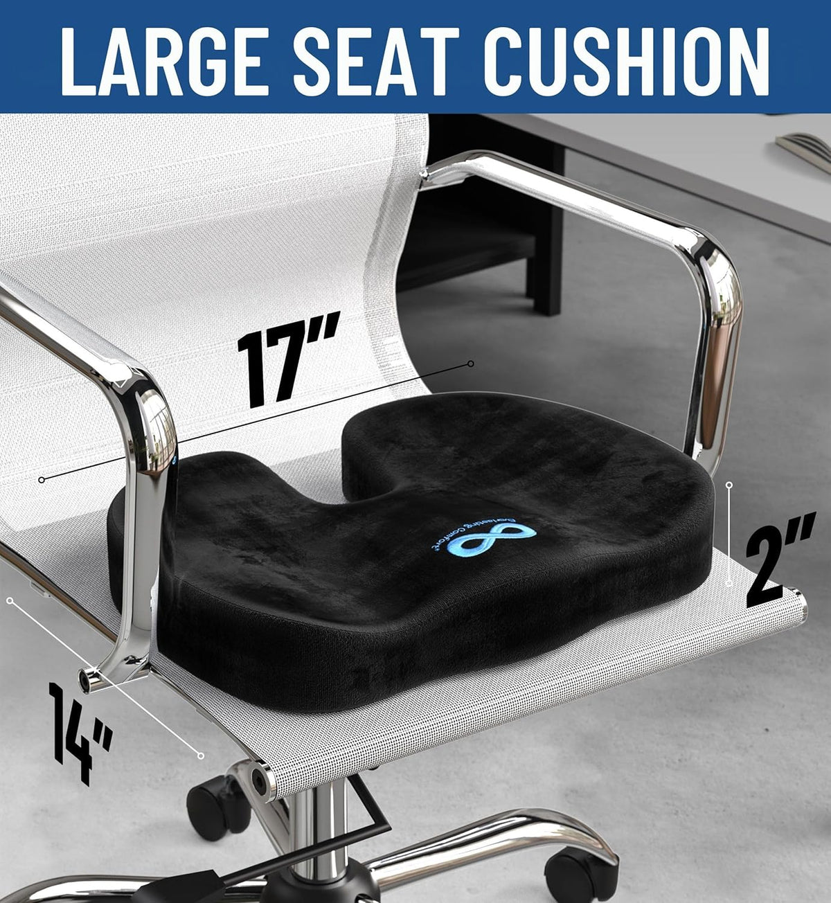 Everlasting Comfort Memory Foam Seat Cushion - Office Chair Cushion for Work, Travel, Car Support Pillow for Driving - Portable Seat for Chairs and Desks - Coussin Chaise - Black - PuriLite