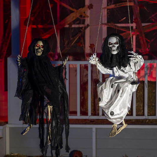 JOYIN Outdoor Halloween Decorations 2 Packs Hanging Ghosts Decor with Lighted Up Eyes, 3ft Scary Grim Reaper Swinging Skeleton Flying for Yard Patio Lawn Garden - PuriLite