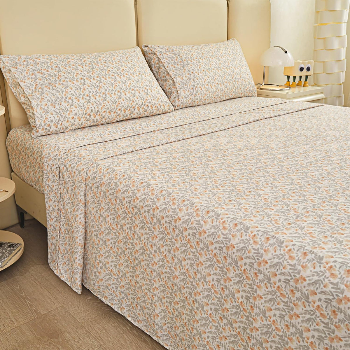 Viviland Floral Queen Sheet Set - 4 Piece Vintage Pink & Yellow Flower Patterned Bed Sheets - Soft, Breathable Microfiber Sheets with Deep Pocket, Non-Slip Fitted Sheets & Pillowcases - PuriLite