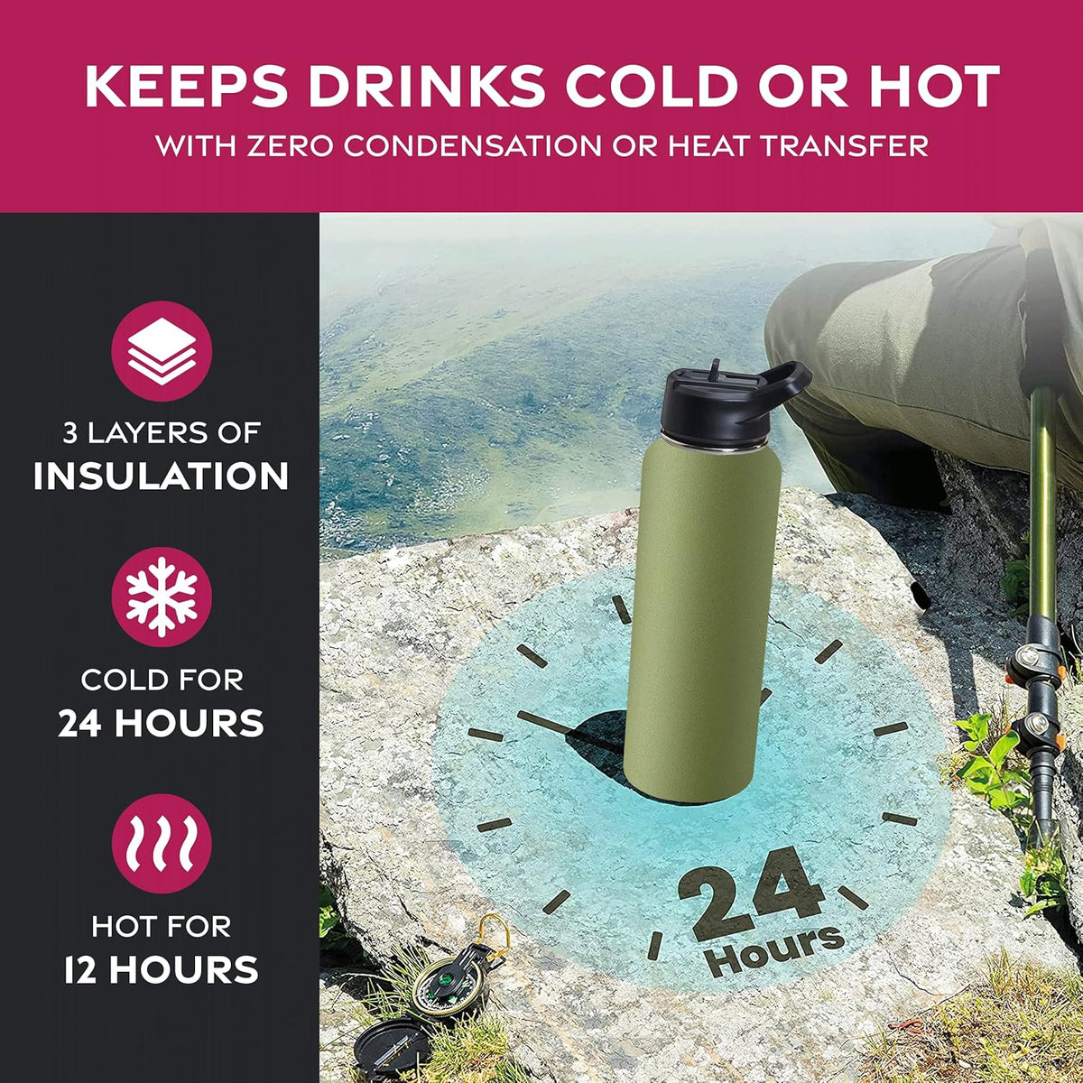 FineDine Water Bottle - Stainless Steel Insulated Water Bottle with Straw Lid, Flip Lid & Wide-Mouth Cap - Keeps Hot and Cold - 25 Oz / 739ml - Pure Pearly White - PuriLite