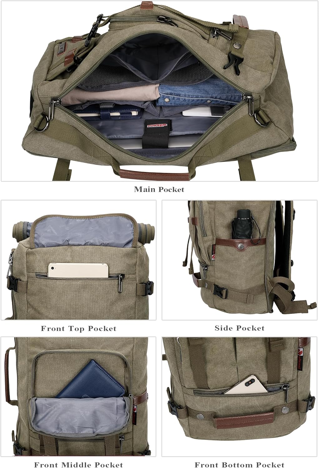 WITZMAN Canvas Backpack Vintage Travel Backpack Large Laptop Bags Convertible Shoulder Rucksack - PuriLite