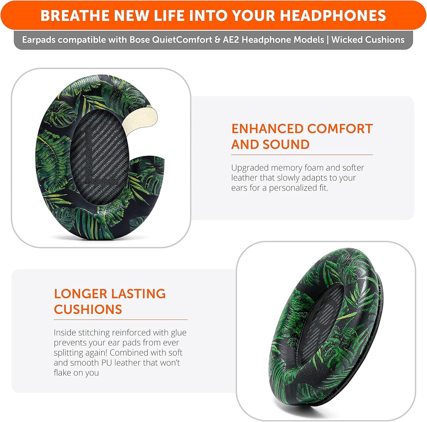 WC Wicked Cushions Upgraded Replacement Ear Pads for Bose QC35 & QC35ii (QuietComfort 35) Headphones & More - Softer Leather, Luxurious Memory Foam, Added Thickness, Extra Durability | Navy Tiger - PuriLite
