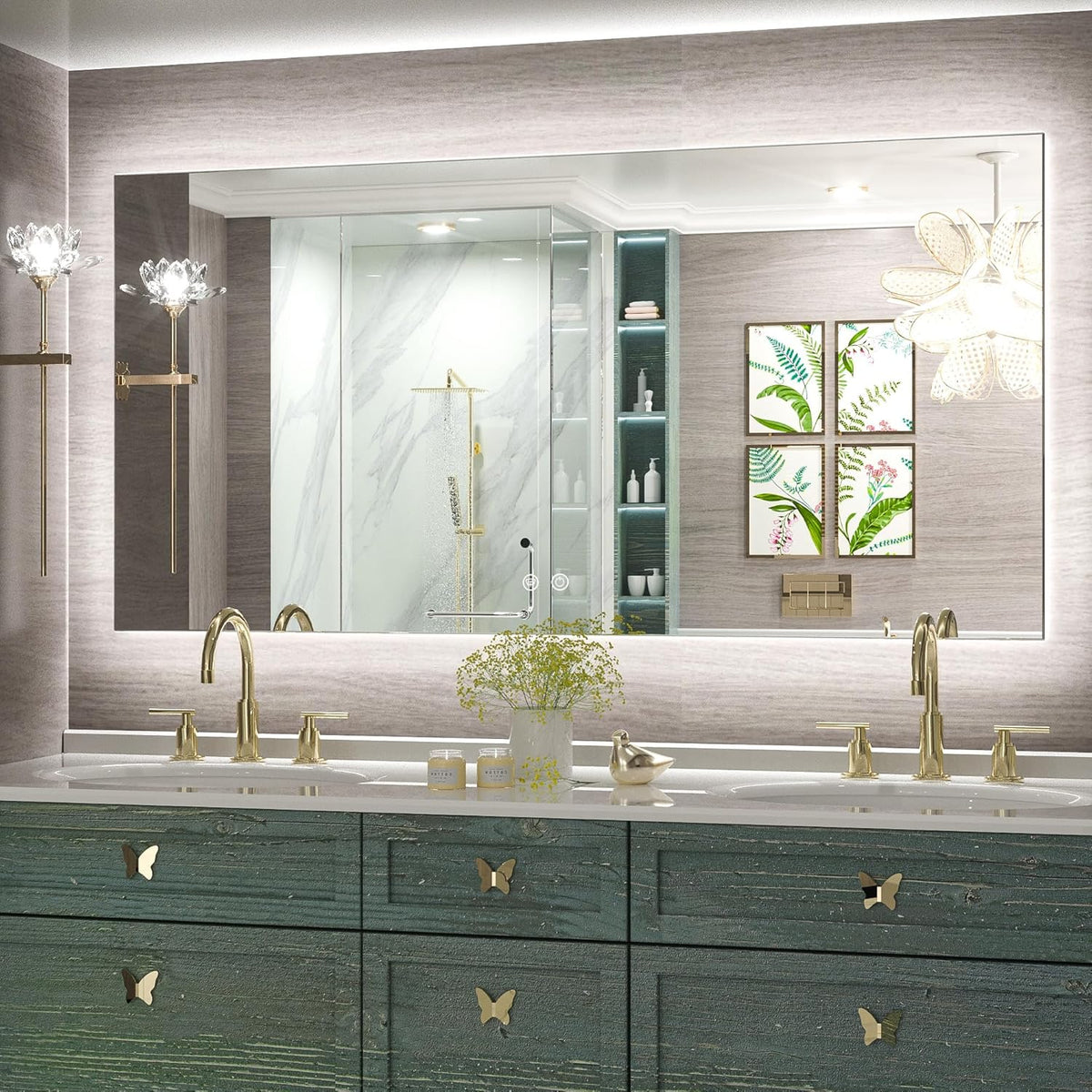 Keonjinn 40 x 32 Inch LED Bathroom Mirror with Acrylic, Backlit Mirror Anti-Fog, Lighted Bathroom Mirror for Wall, CRI90 High Definition Dimmable Large Makeup Mirror(Horizontal/Vertical) - PuriLite