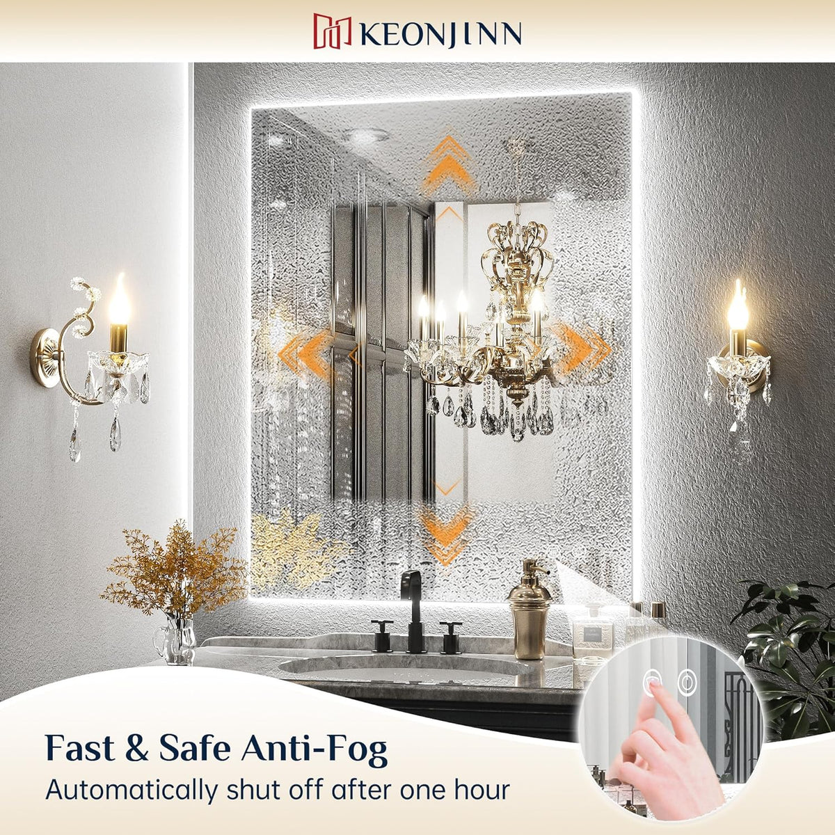 Keonjinn 40 x 32 Inch LED Bathroom Mirror with Acrylic, Backlit Mirror Anti-Fog, Lighted Bathroom Mirror for Wall, CRI90 High Definition Dimmable Large Makeup Mirror(Horizontal/Vertical) - PuriLite