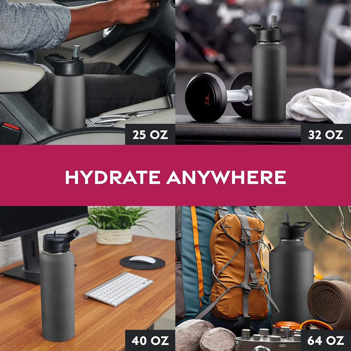 FineDine Water Bottle - Stainless Steel Insulated Water Bottle with Straw Lid, Flip Lid & Wide-Mouth Cap - Keeps Hot and Cold - 25 Oz / 739ml - Pure Pearly White - PuriLite