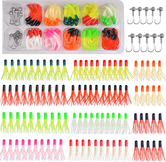 Soft Lures Fishing Jigs Kit, Worm Grub Fishing Lures Jig Head Hooks Kit Grubs Bait Jig Heads Soft Plastic Bait Crappie Jigs Tubes Baits Curved Tail Lure Fishing Lures Kit for Walleye Bass Trout - PuriLite