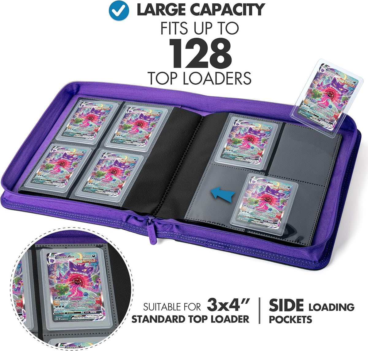 FunGuys Toploader Binder, Trading Card Binder Storage,128 4 Pocket Top Loader Pokemon Binder, Card Collection Yugioh Cards, MTG, TCG, Folders for Trading Cards - PuriLite