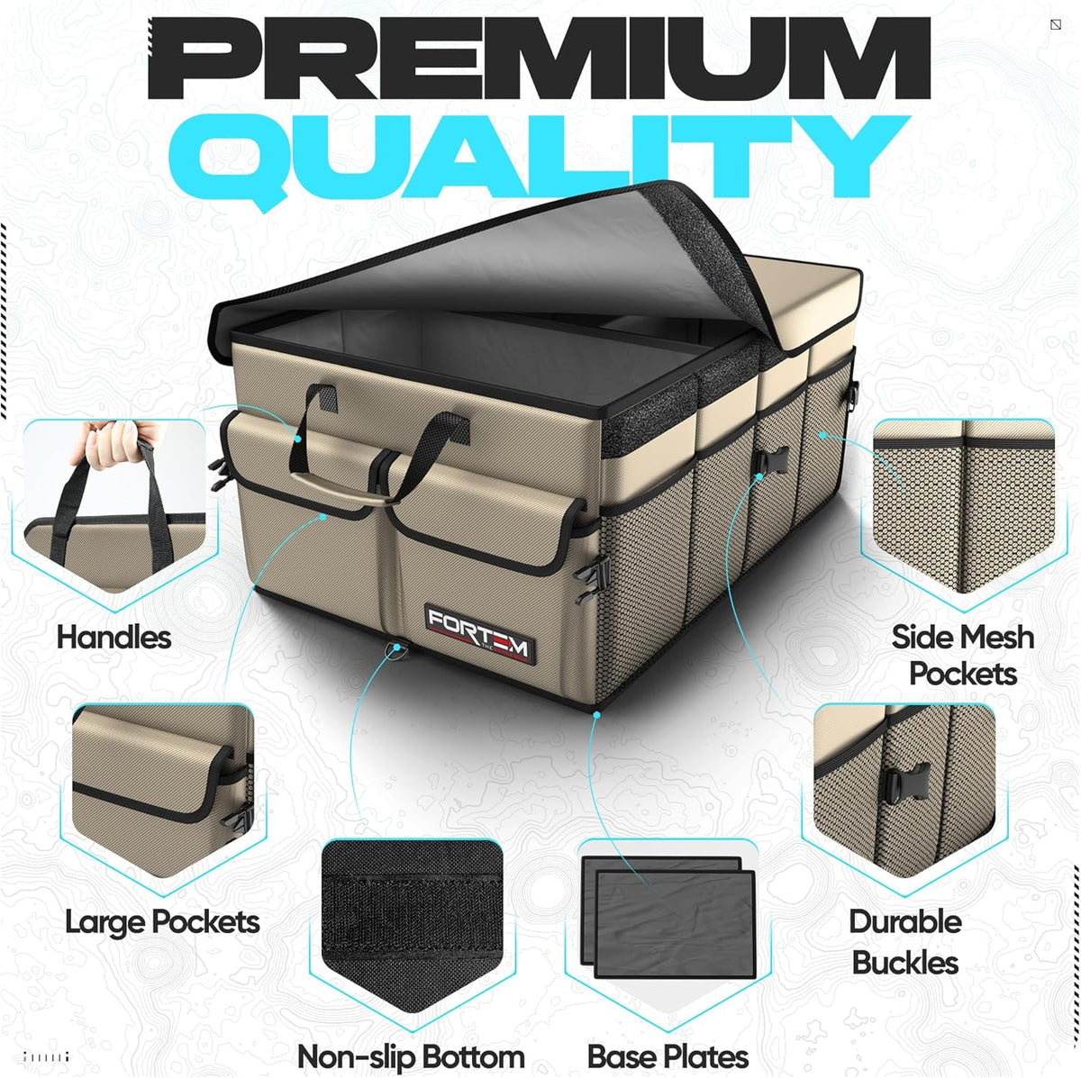 FORTEM Car Trunk Organizer, Collapsible Multi Compartment Car Organizer, Foldable SUV Storage for Car Accessories for Women Men, Non Slip Bottom, Securing Straps, Soft Cover 50L (Black, Standard) - PuriLite