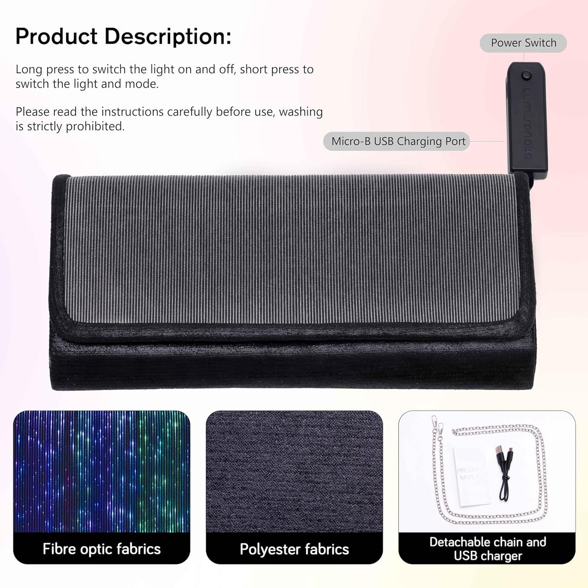 Larcenciel Clutch Purse for Women, LED Light Up Purse - 11 Neon Glow Modes, Holographic Evening Bag with Chain Strap, Rechargeable Party Handbag for Prom Disco Club Bar Night Events Weddings (Black) - PuriLite