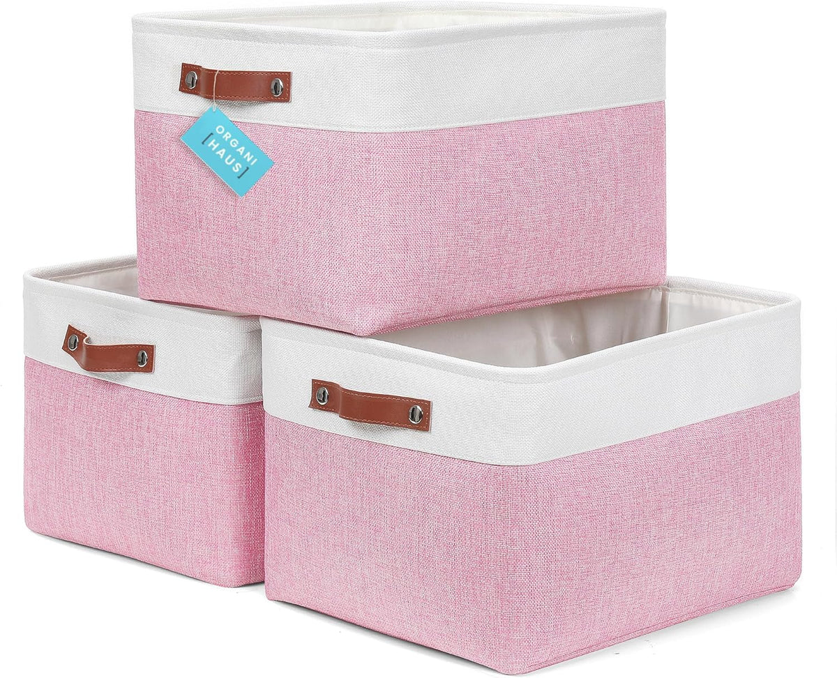 OrganiHaus Large Fabric Storage Baskets for Shelves 3 Pack, 15x11in Closet Storage Bins for Shelves, Cloth Baskets, Fabric Storage Cubes, Linen Closet Organizers, Fabric Basket, White Basket - PuriLite