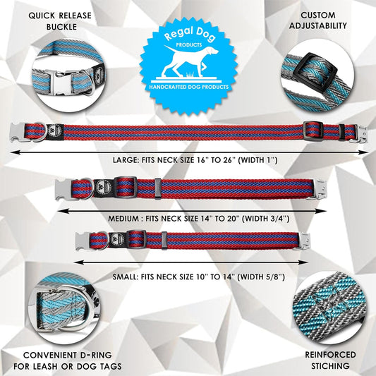 Regal Dog Products Pet Collar with Metal Buckle and D Ring | Durable Dog Collar with Reinforced Metal Clasp and Nylon Webbing Adjustable Dog Collar to fit for Large Dogs (Large, Blue/Gray Stripe) - PuriLite