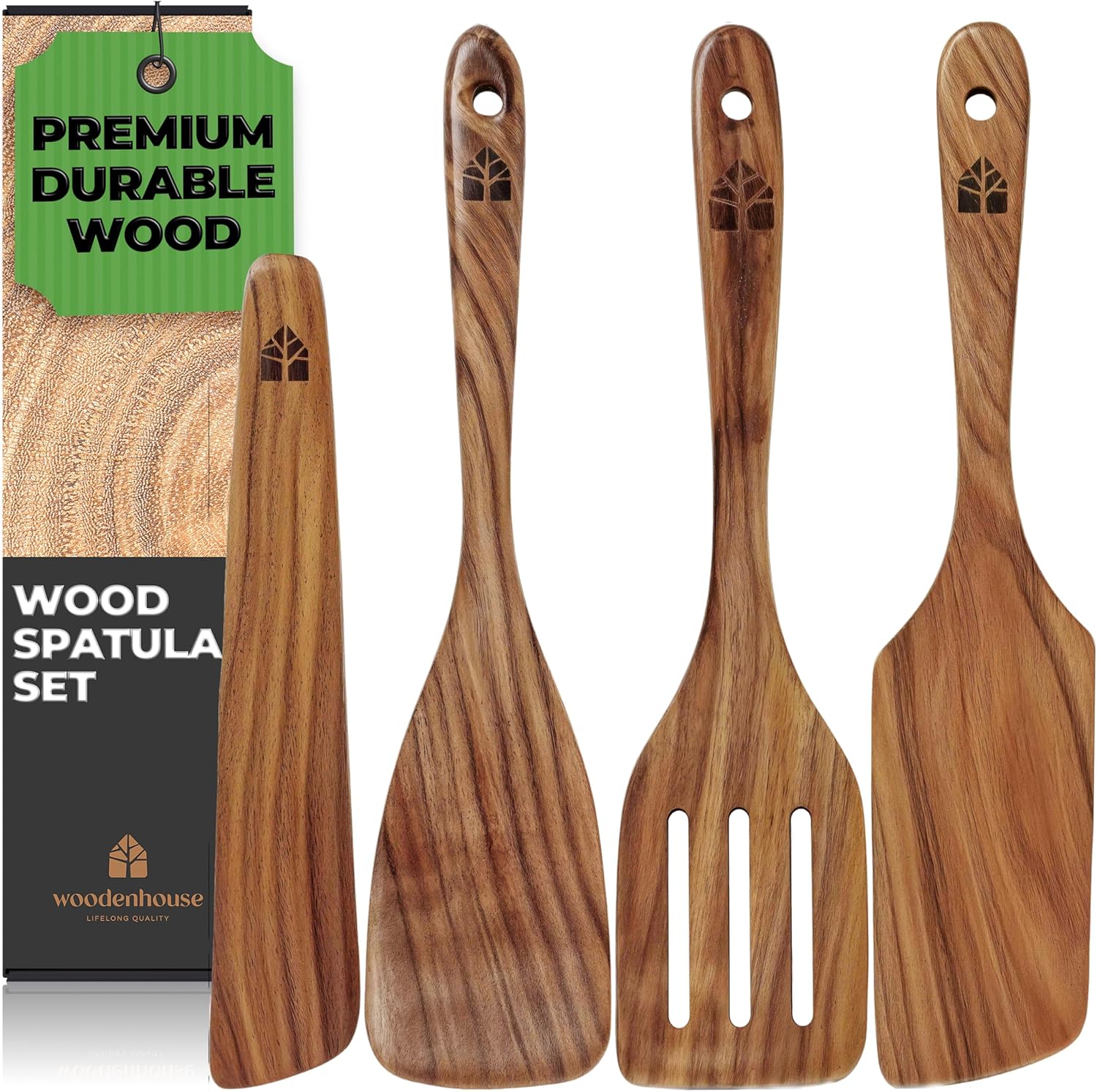 Wooden Spatula for Cooking, Kitchen Spatula Set of 4, Natural Teak Kitchen Utensils Including Paddle, Turner, Slotted Spurtle and Wood Scraper - Nonstick cookware - PuriLite