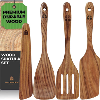 Wooden Spatula for Cooking, Kitchen Spatula Set of 4, Natural Teak Kitchen Utensils Including Paddle, Turner, Slotted Spurtle and Wood Scraper - Nonstick cookware - PuriLite