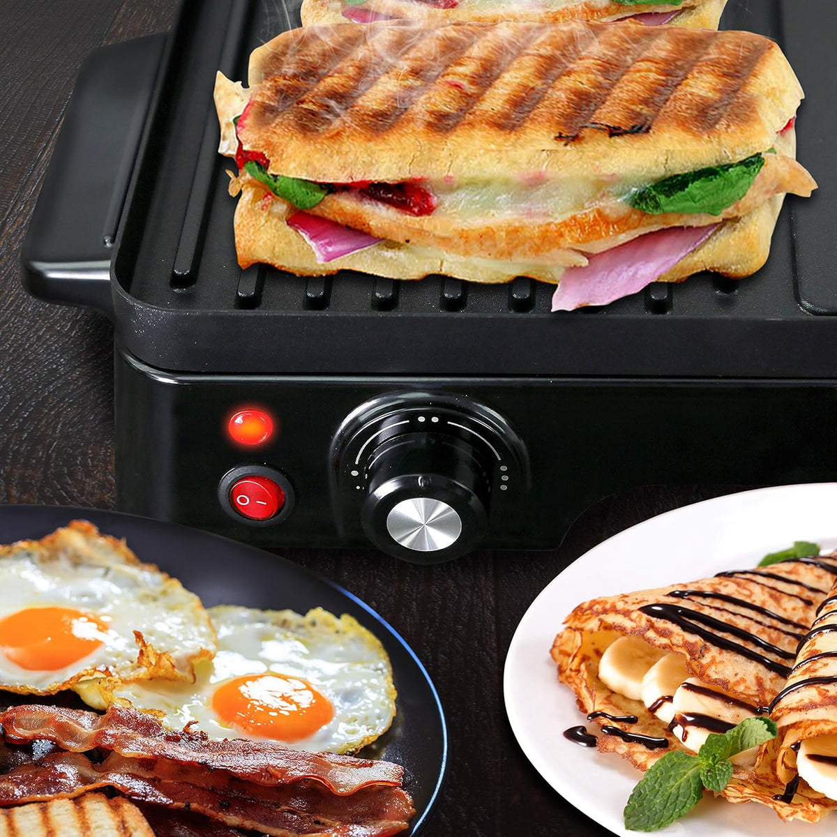NutriChef Electric Griddle - Dual Hot Plate Cooktop Crepe Maker with Press Grill, Nonstick Coating, Rotary Temperature Control, Plug-in Operation & Oil Tray for Kitchen & Countertop (PKGRIL43) - PuriLite