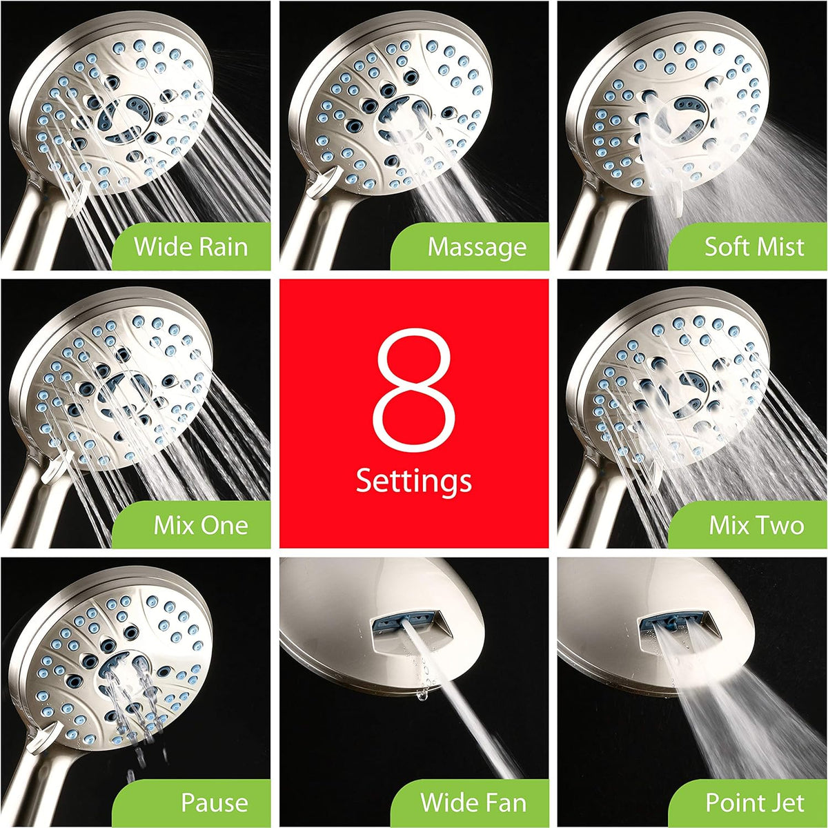 Purilite Select 8-Setting Handheld Shower Head – High Pressure, Self-Cleaning, Total Shower Hygiene System - PuriLite