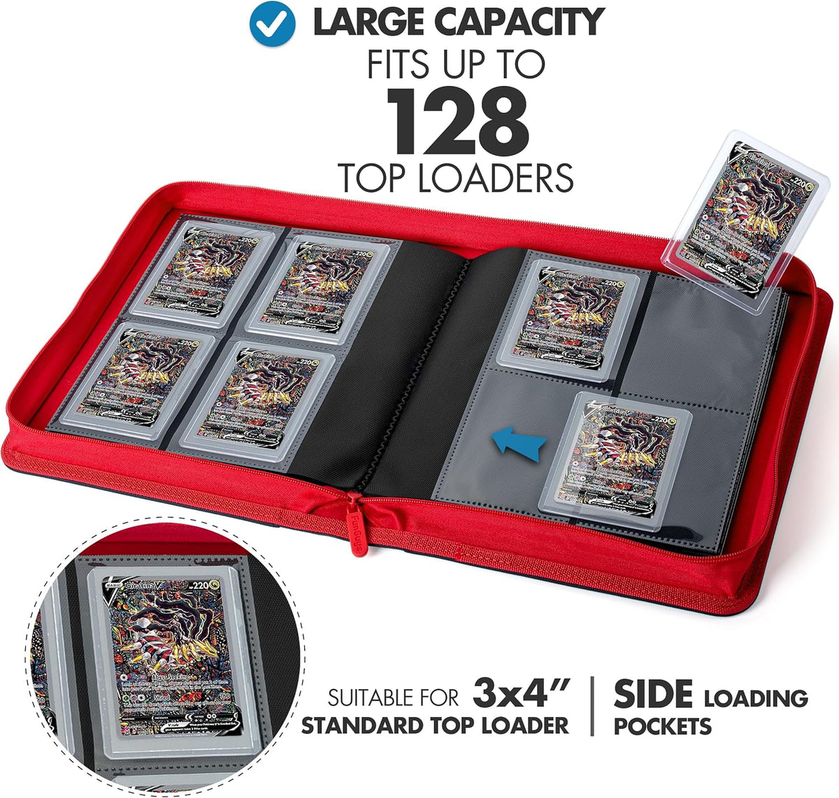 FunGuys Toploader Binder, Trading Card Binder Storage,128 4 Pocket Top Loader Pokemon Binder, Card Collection Yugioh Cards, MTG, TCG, Folders for Trading Cards - PuriLite