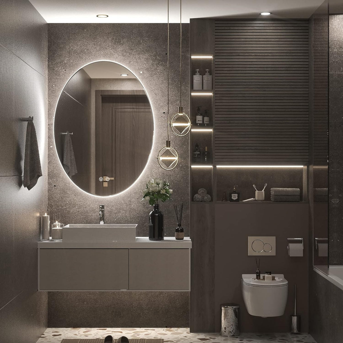 TETOTE 28 Inch Round LED Bathroom Vanity Mirror, Anti-Fog Dimmable Lights IP54 Waterproof Circle Makeup Wall Mounted Mirror - PuriLite