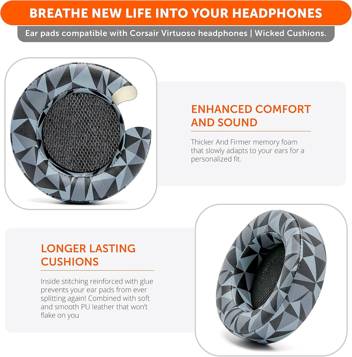 WC Upgraded Replacement Earpads for Corsair Virtuoso RGB Wireless Gaming Headset Made by Wicked Cushions | Improved Durability, Thickness, Softer Leather, and Sound Isolation | (90s Black) - PuriLite