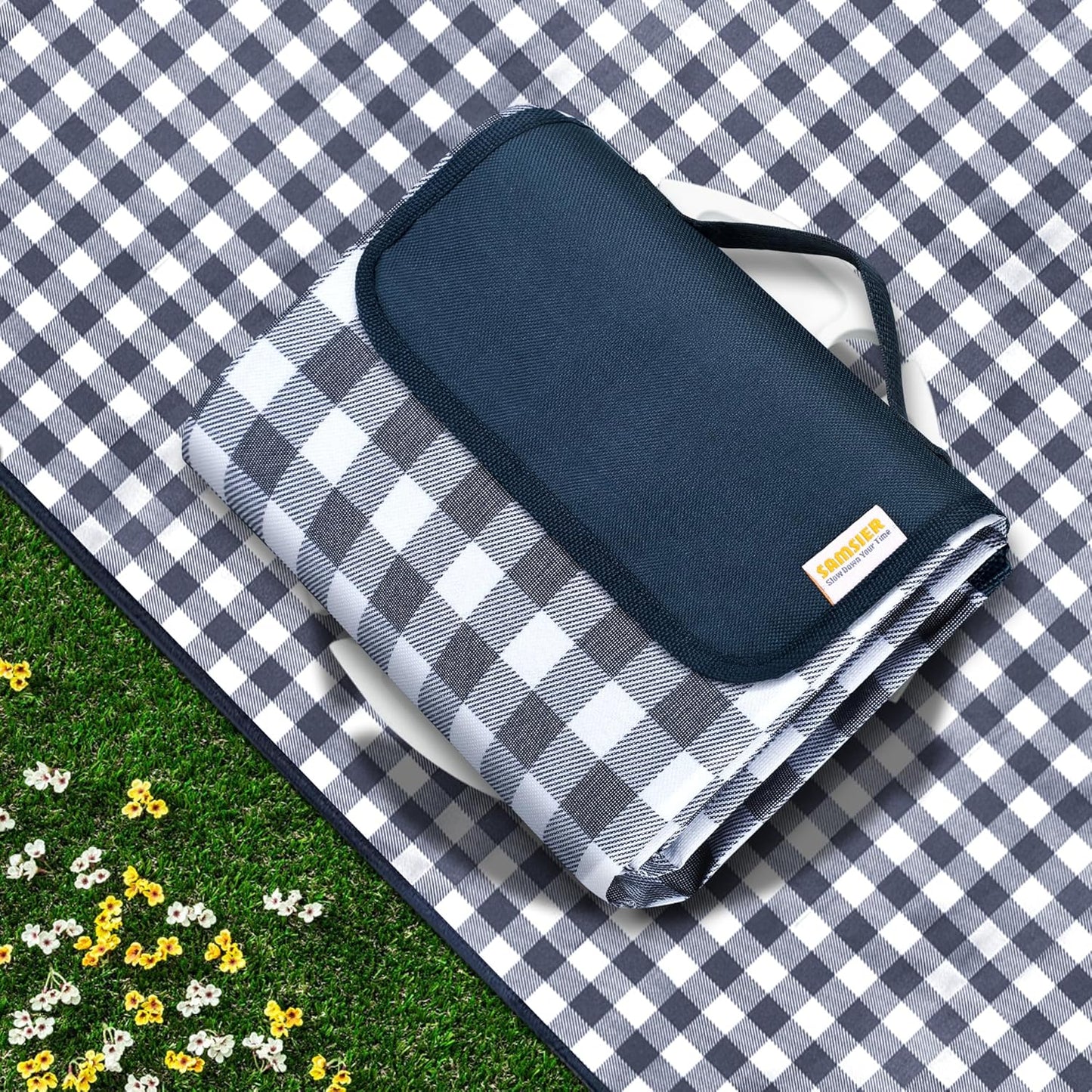SAMSIER Large Outdoor Picnic Blankets Waterproof Foldable, Beach Blanket Sandproof Portable, Cute Picnic Mat Washable (Navy Blue, 60"×80") - PuriLite